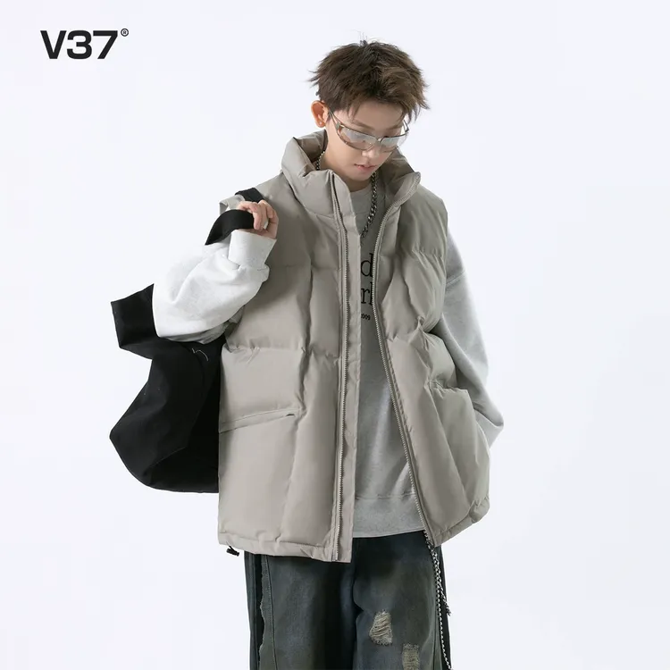 V37慵懒风马甲男款秋冬季棉服宽松休闲高街潮流百搭无袖立领外套
