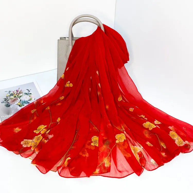 美丝宸正品一枝红梅大红140*180四季大尺寸海边防晒沙滩丝巾围巾