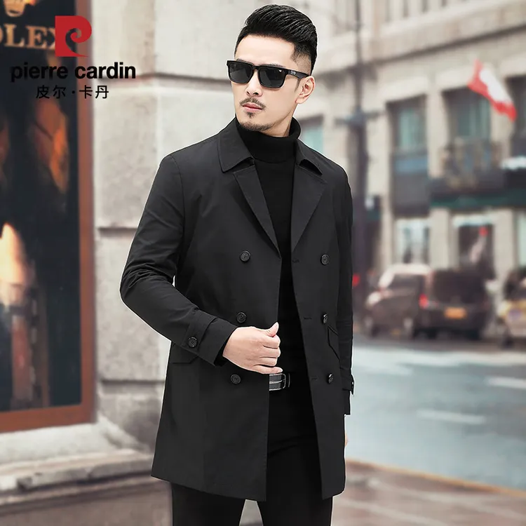 皮尔卡丹男士商务风衣中长款英伦风外套男中年休闲外套春季新款