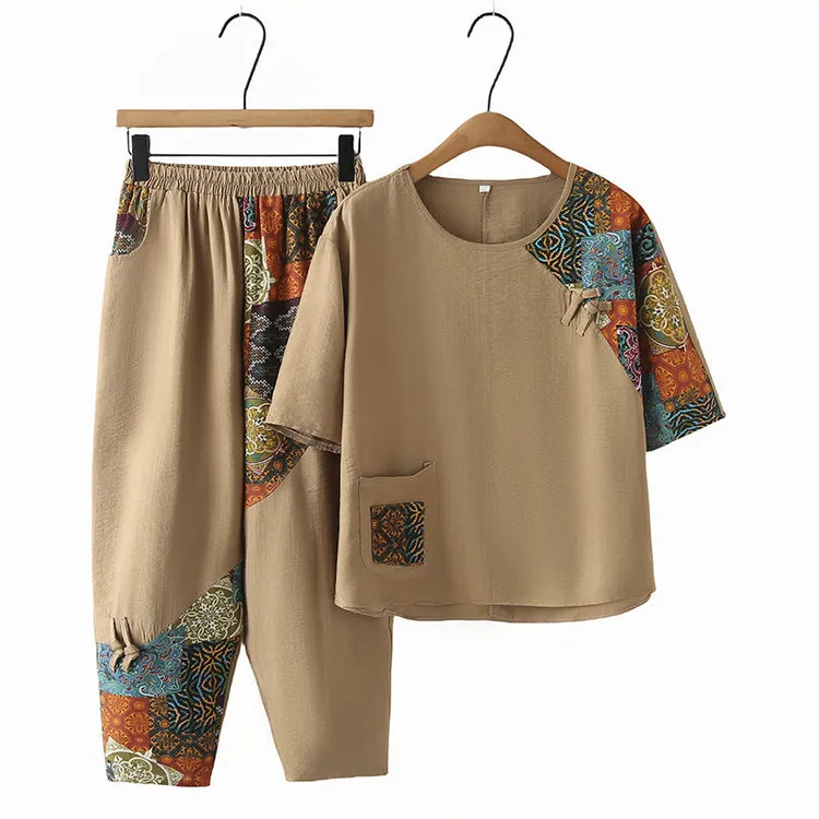 中年妈妈装棉麻两件套夏季气质休闲短袖上衣大码宽松气质显瘦洋气