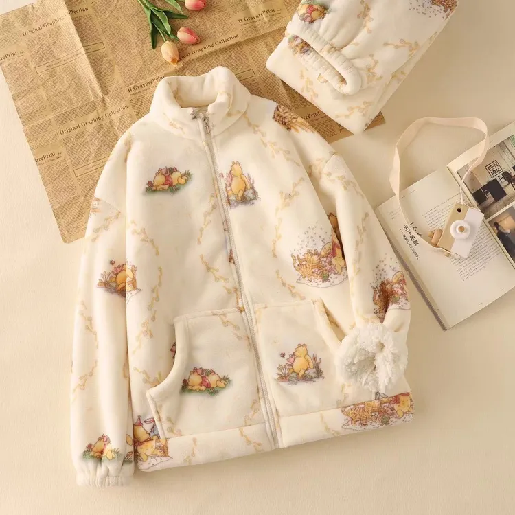 睡衣女秋冬季双层加厚加绒珊瑚绒拉链爆款可爱家居服冬季外穿套装