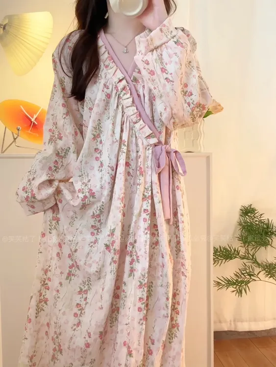 【莫奈花园】2026春夏新款睡袍女居家国风樱花浴袍高级感家居服睡裙商品图