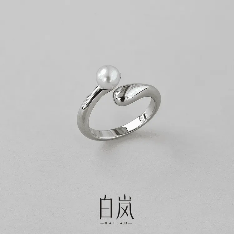 白岚圆轨珍珠戒指气质潮个性气质百搭开口戒QL0855-BK