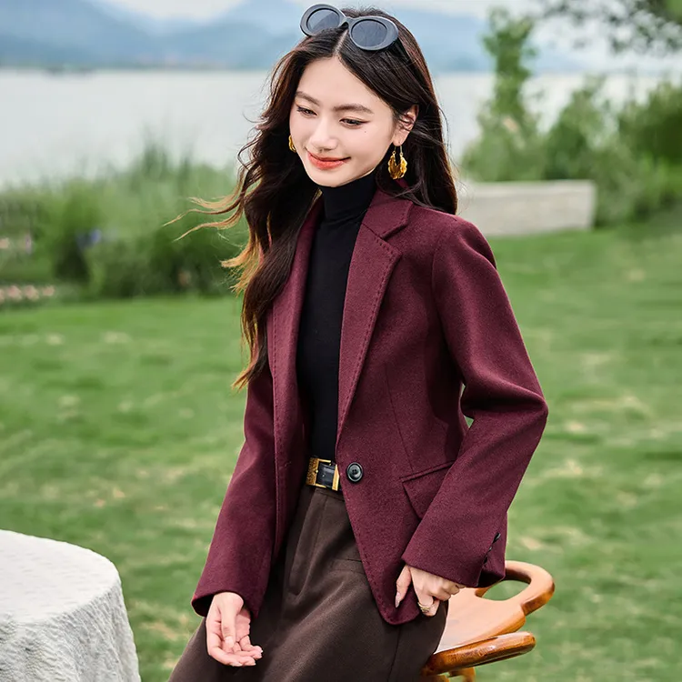 安哥拉红高级感呢子西装外套女2024秋冬新款时尚气质毛呢西服厚上