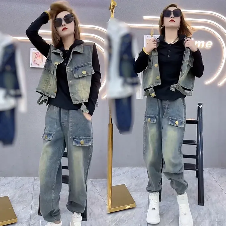 2023秋季潮流时尚牛仔套装女气质高档显瘦洋气网红水洗宽松大码