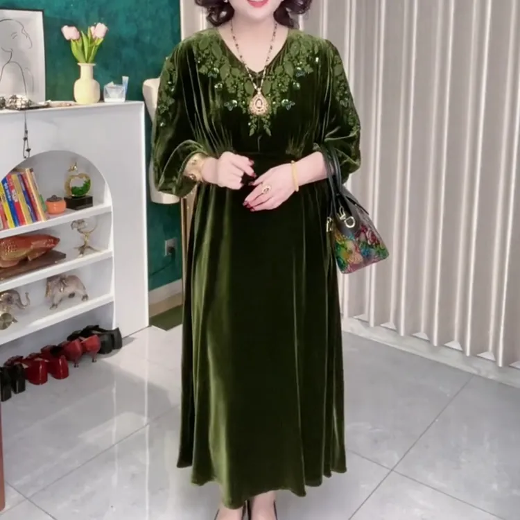 大码时尚气质中长款宽松连衣裙长裙女士长袖网红复古女装连衣裙