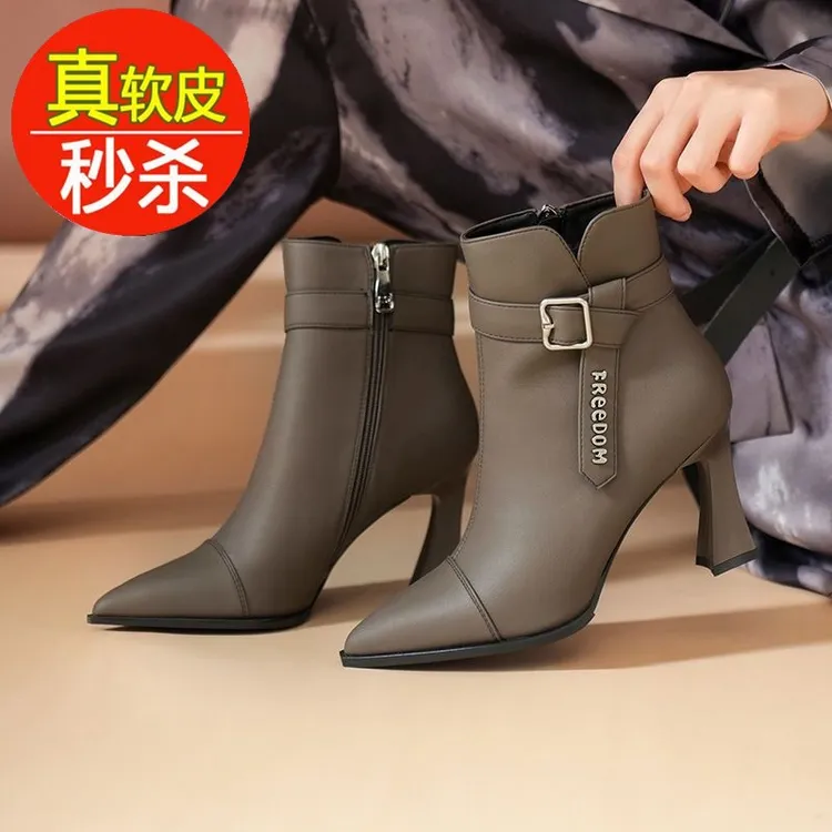 品牌断码真皮高跟短靴女2024新款时装单靴尖头侧拉链法式瘦瘦靴女