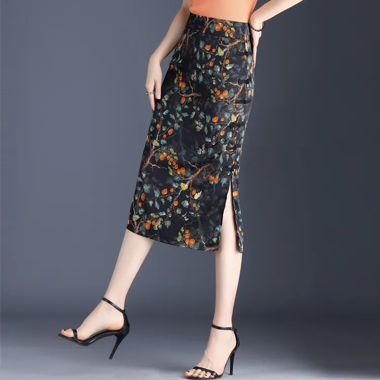 印花开叉半身裙夏女新款2025高腰显瘦薄款包臀裙气质中长一步裙子