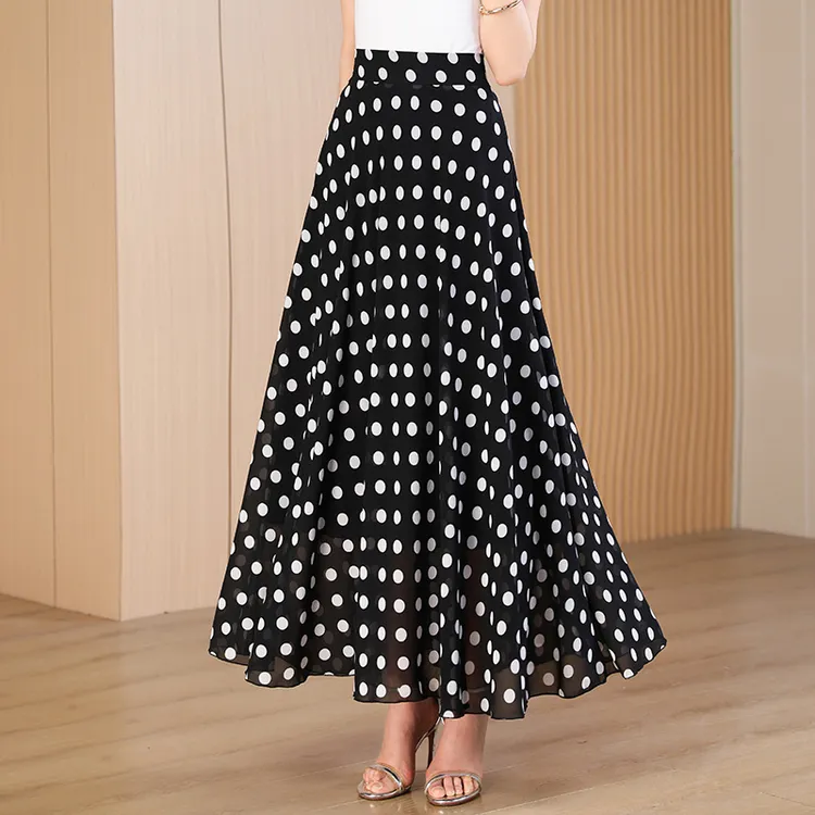 夏季黑色波点雪纺半身裙高腰显瘦大码a字女裙子大摆跳舞休闲长裙