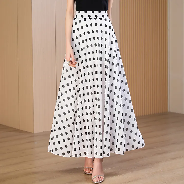 气质白色波点半身裙女长裙子2024夏季新款高腰雪纺伞裙A字裙大摆