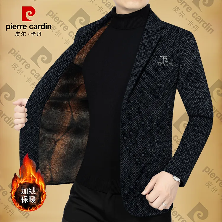 皮尔卡丹男士新款高档商务休闲加绒加厚西服秋冬季西装领男装潮流