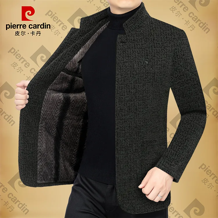 皮尔卡丹男士新款加绒加厚商务休闲立领夹克毛呢外套男装秋冬季潮