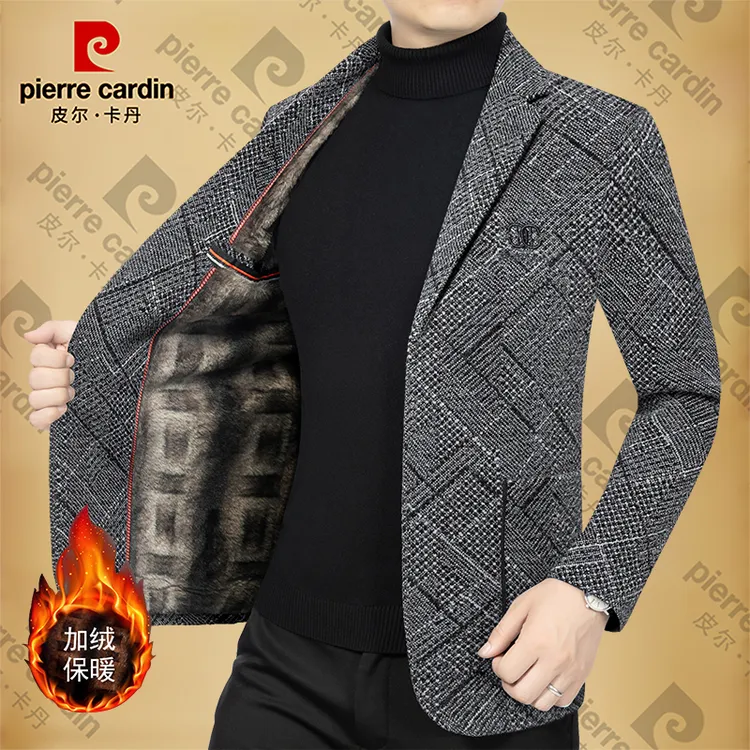 皮尔卡丹男士新款西服高档商务休闲加绒加厚秋冬季西装领外套保暖