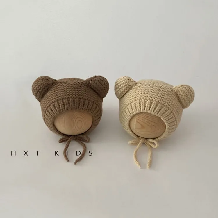 ins婴儿帽可爱超萌小熊耳朵秋冬季男女宝宝套头帽毛线针织护耳帽2