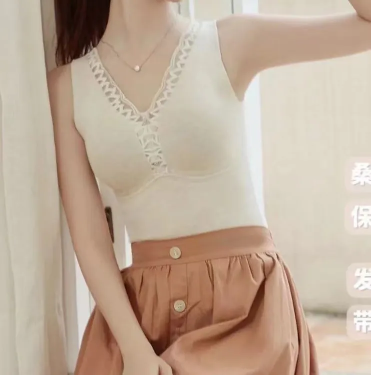 秋冬新款羊绒桑蚕丝花边冬季保暖加绒背心4022