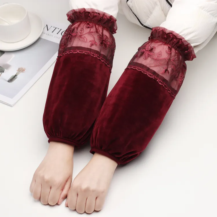 长款袖套女蕾丝拼接绒布家务办公韩版护袖时尚百搭袖头防污护袖