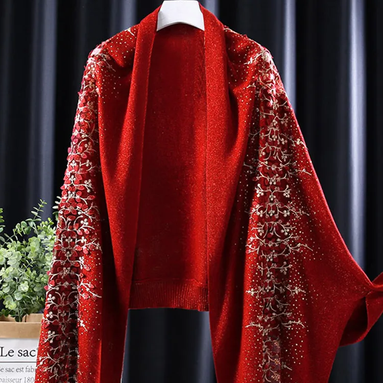 喜婆婆喜妈妈婚礼披肩秋冬季毛呢超大尺寸酒红婚礼平常两用披肩