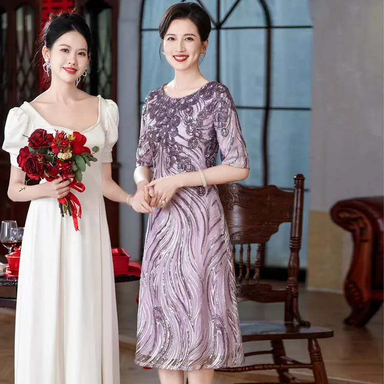 9033高端大气显瘦连衣裙2024新款优雅气质订婚婚宴喜婆婆晚礼服裙