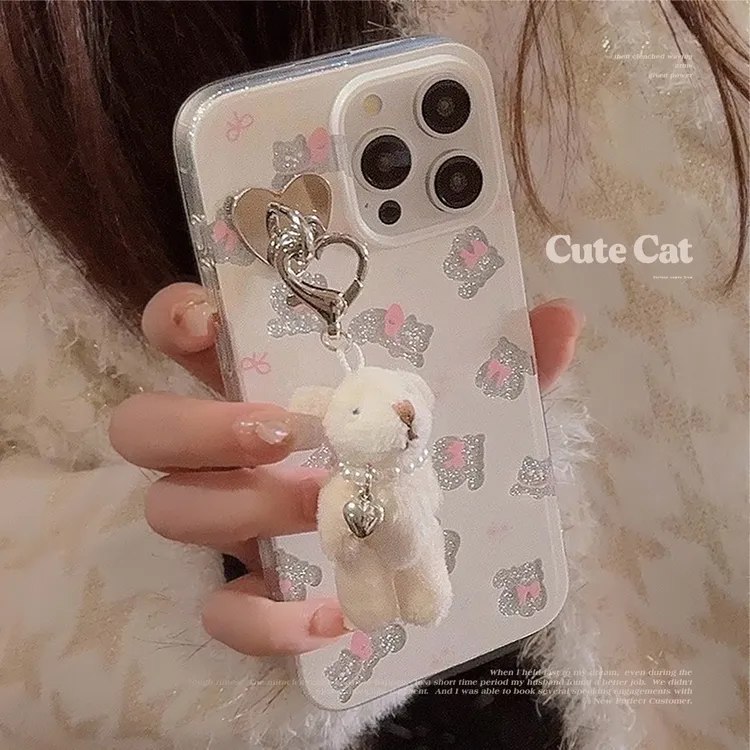 官官同学闪粉少女猫咪珍珠熊适用苹果14promax手机壳iphone15透明