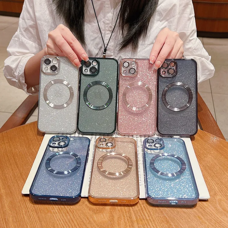防摔磁吸透明TPU适用iPhone15pro手机壳苹果15镜头膜闪粉14保护套