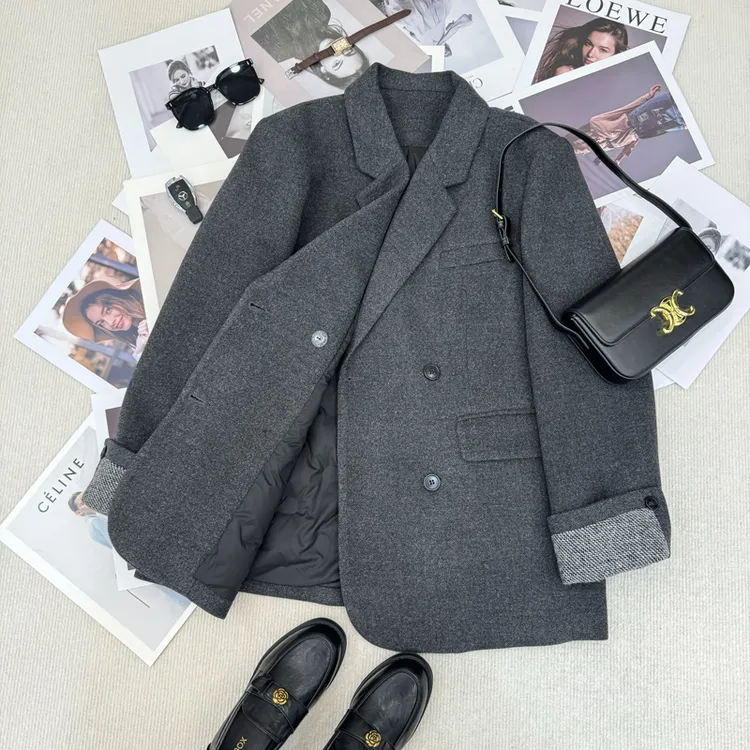 2025秋冬新款小西装中长款外套女装加绒高级设计感毛呢大衣夹绒