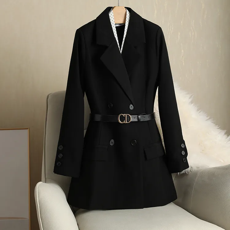 英伦风中长款系带西装外套女2025春秋新款韩版上衣双排扣黑色西服
