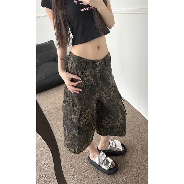 美式复古豹纹直筒夏季五分工装裤男女街头宽松水洗做旧潮七分短裤