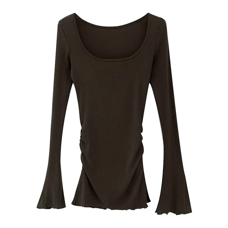 【YD】修身显瘦大方领喇叭袖上衣女新款韩版长袖褶皱打底衫7835