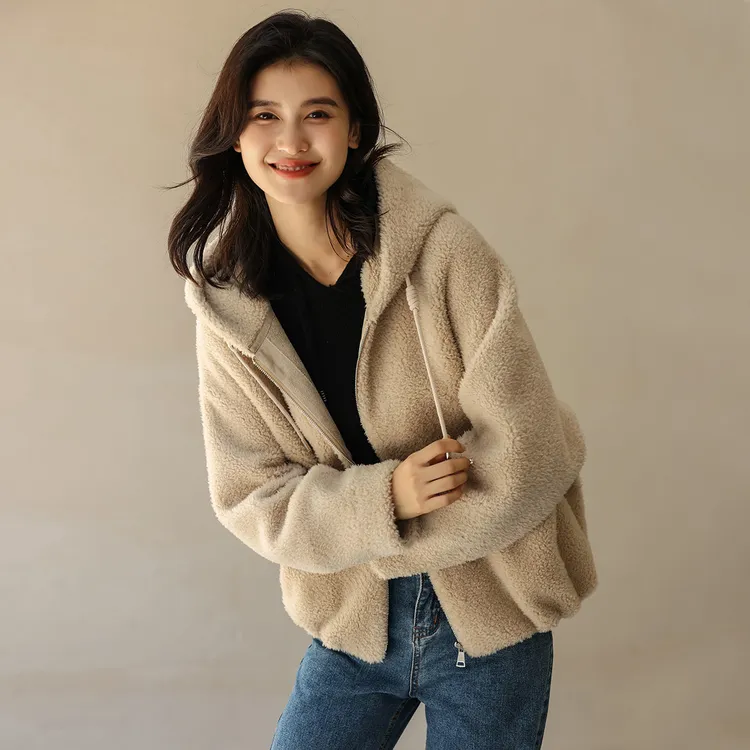 【100%羊毛】秋冬外套女连帽百搭显瘦羊剪绒颗粒羊毛高级感大衣女