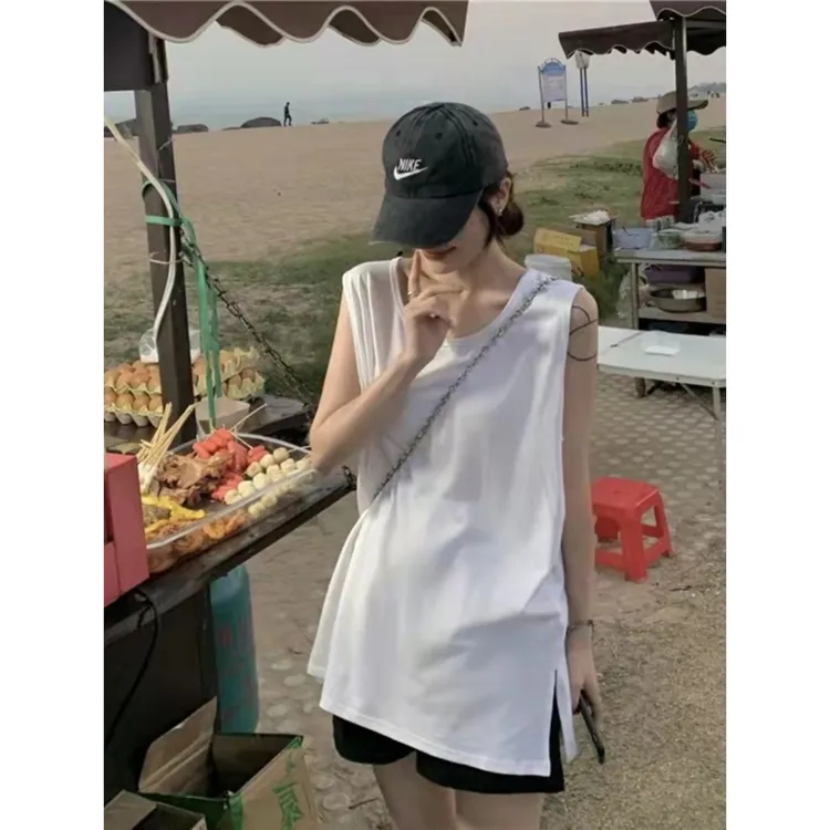 白色打底背心长款遮臀无袖t恤女内纯色搭叠穿中长款开叉外穿上衣