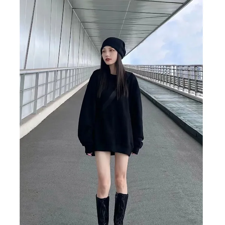 黑色圆领卫衣女秋冬宽松显瘦休闲加绒加厚中长款上衣长袖oversize