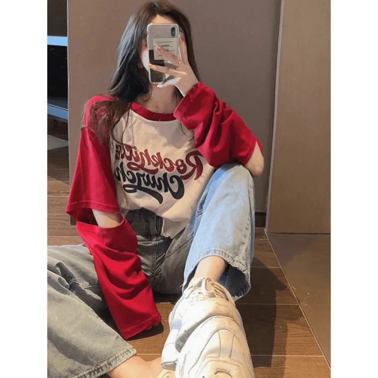 设计感圆领插肩长袖破洞t恤女秋冬外穿宽松大码短上衣春秋打底衫