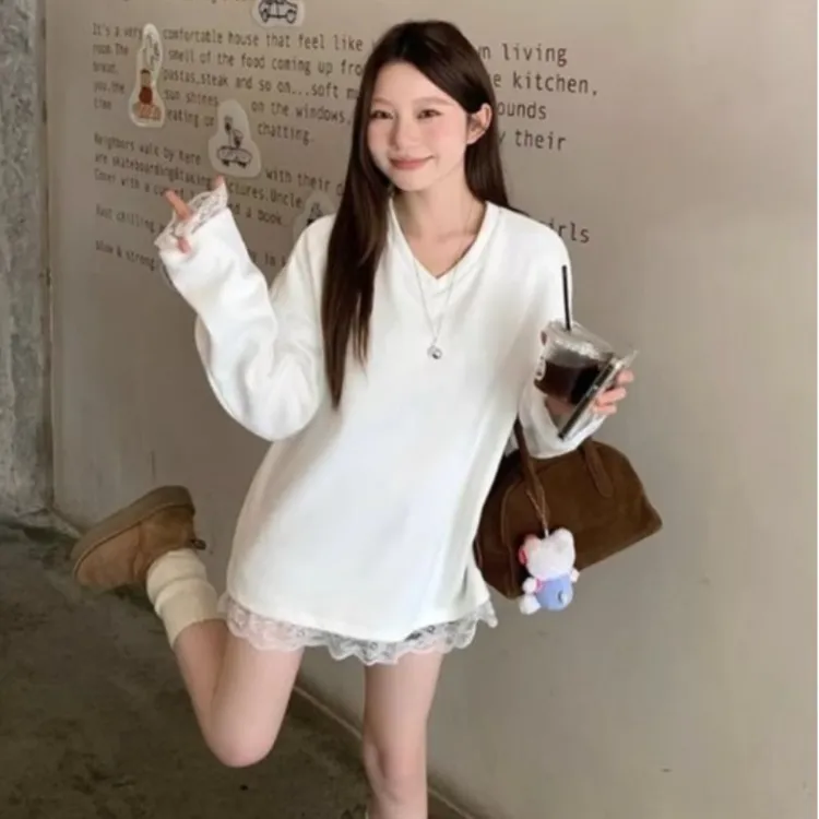 白色蕾丝下摆拼接花边长袖T恤2024年秋冬新款加厚保暖打底卫衣女