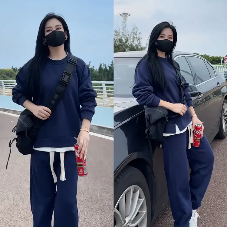 男士秋季宽松运动套装情侣纯色假两件圆领休闲百搭卫衣卫裤两件套
