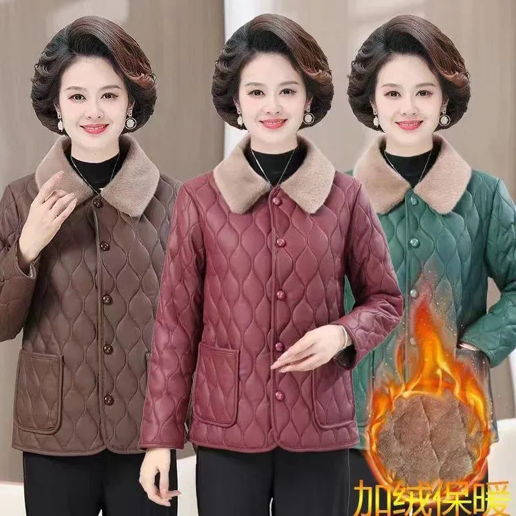 秋冬装皮衣加绒加厚保暖大码妈妈装中老年时尚棉衣外套上衣冬季