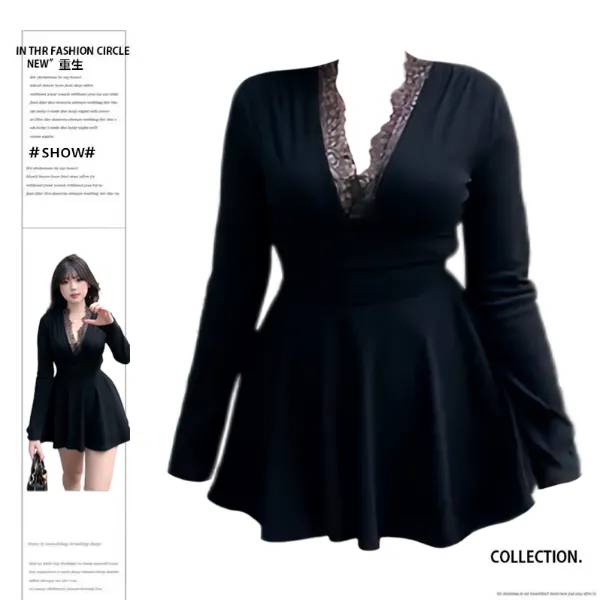 大码胖mm法式V领收腰显瘦长袖连衣裙女秋季新款蕾丝边拼接小黑裙