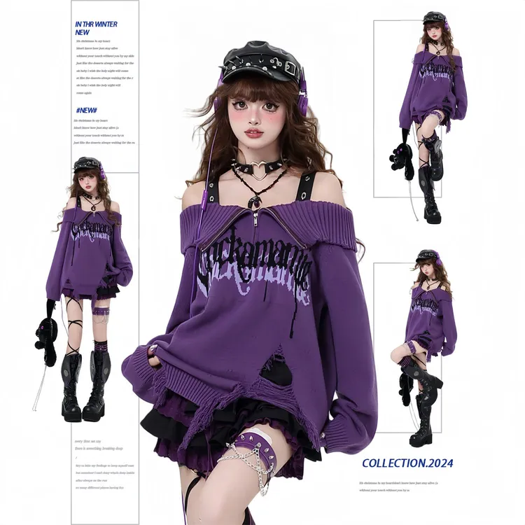 【哥特碎片】原创轻亚黑紫露肩翻领设计感小众毛衣秋冬显瘦长袖时尚