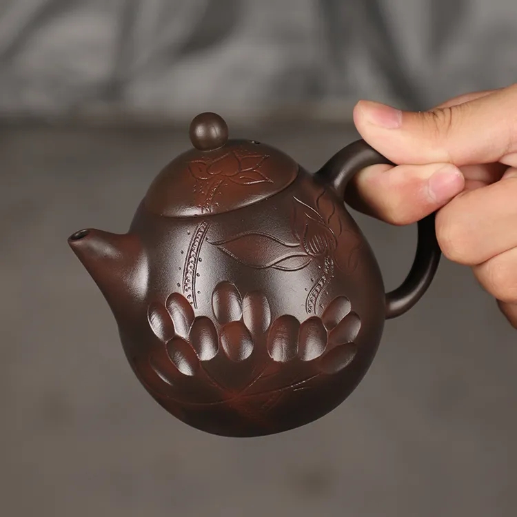 建水紫陶茶壶茶具纯手工浮雕荷花龙蛋壶家用泡茶工具中式高档茶具