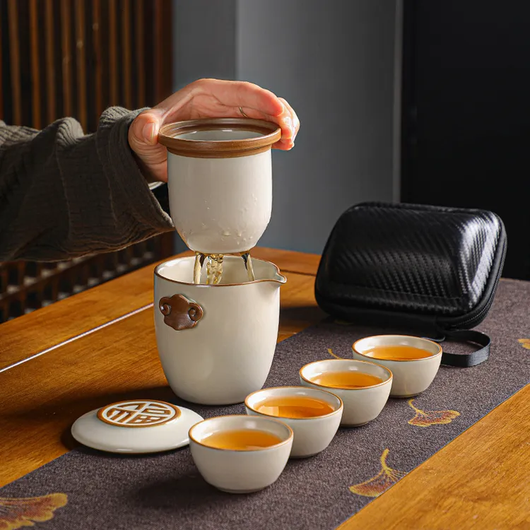 茶具便携式茶壶汝瓷快客杯陶瓷露营泡茶旅行户外车载旅游防烫套装