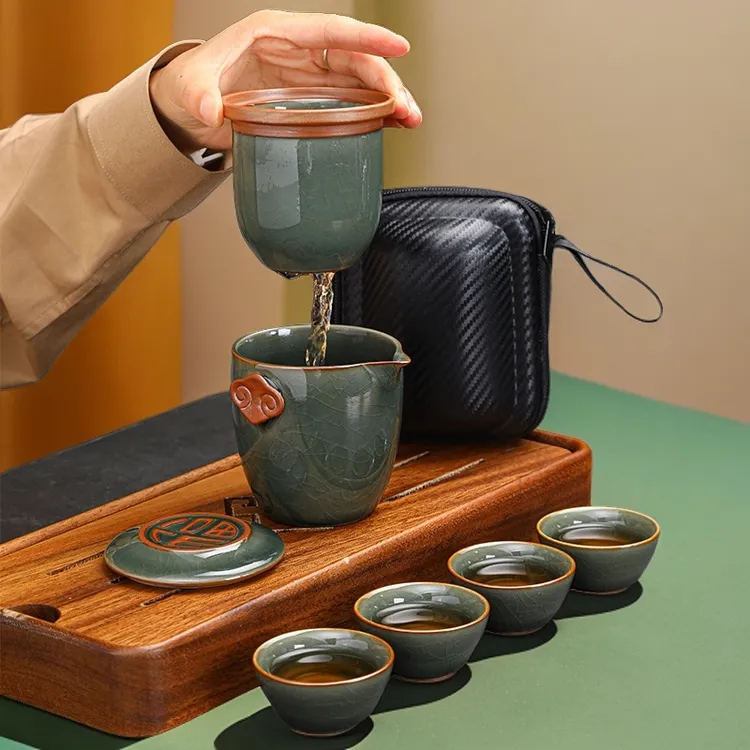 新款哥窑旅行泡茶便携式茶具高端快客杯茶杯一壶四杯旅行套装茶具