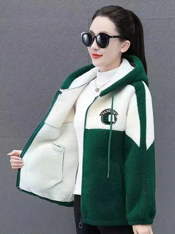 XR-01新款时尚连帽加绒秋冬厚外套洋气大码加厚保暖拼接毛毛外套