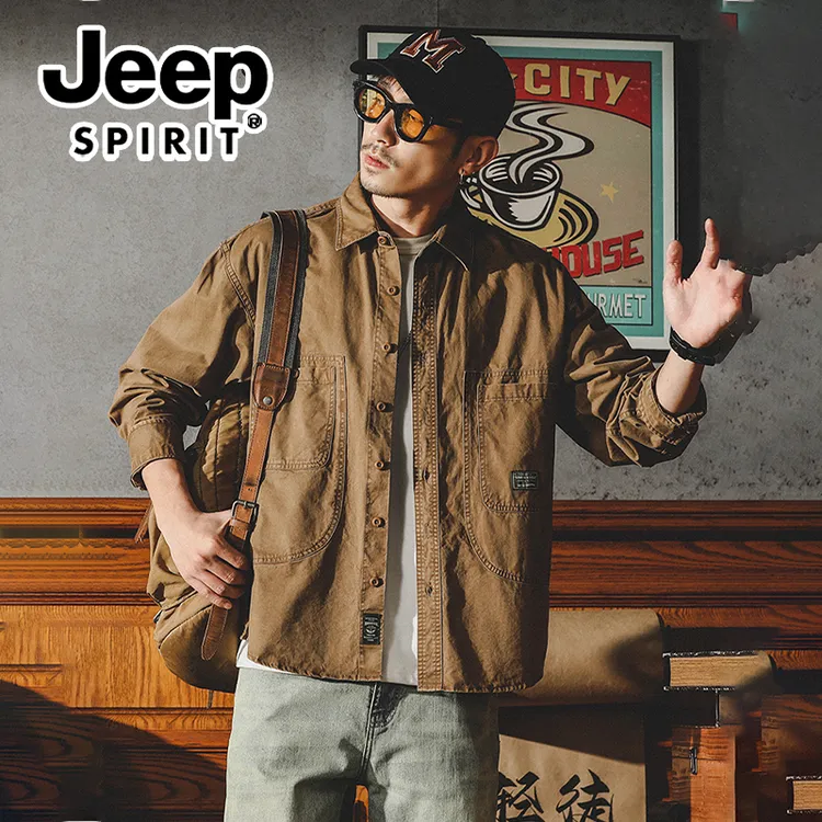 Jeep工装衬衫男士初秋美式户外休闲外套男春秋季重磅纯棉长袖衬衣