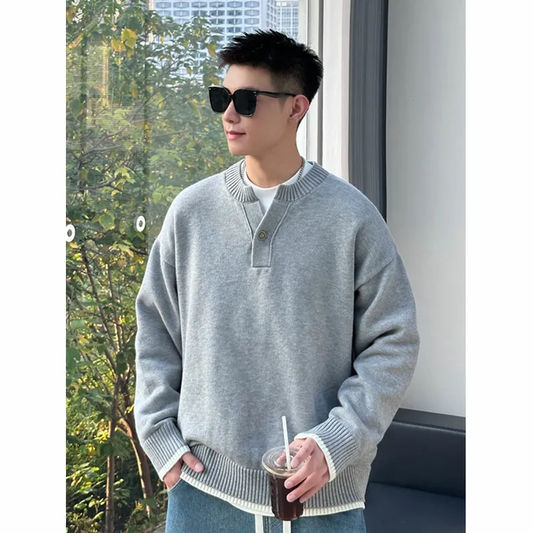 【时尚起易】潮流秋冬新款休闲百搭纯色V领ins复古百搭针织打底衫男