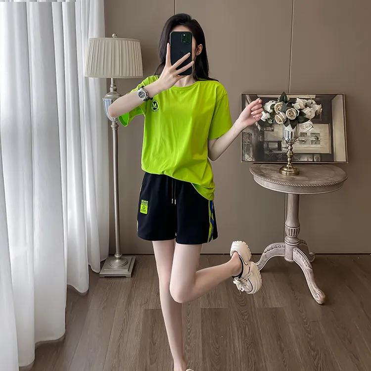 高品质夏季新款时尚休闲运动套装女宽松简单显瘦绿色短袖T恤短裤