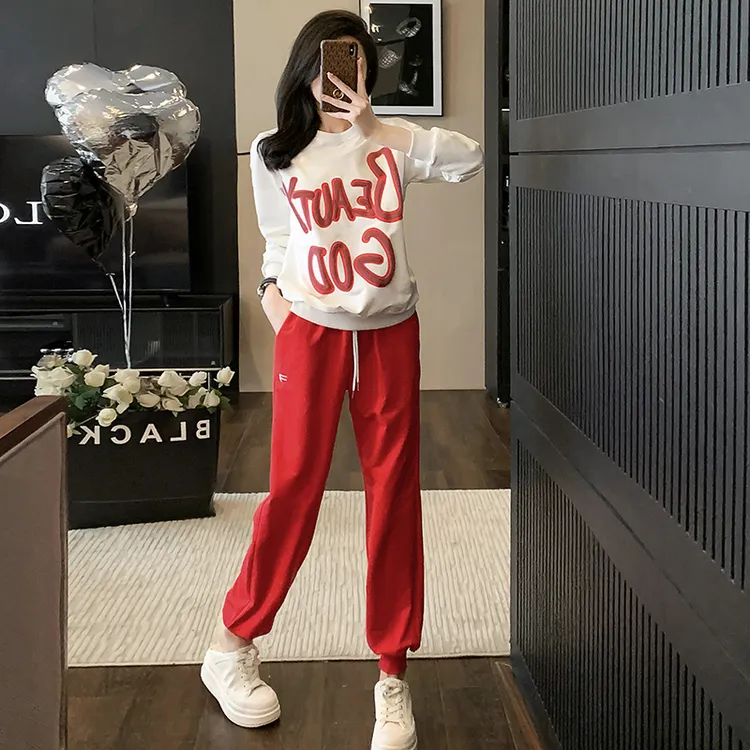 时尚休闲运动套装女秋新款宽松显瘦减龄白色长袖卫衣长裤两件套潮