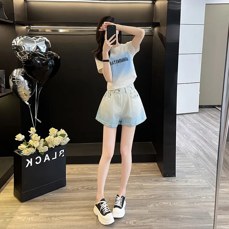 2025夏季新款女时尚烫钻蓝色渐变短裤短袖T恤多巴胺套装穿搭