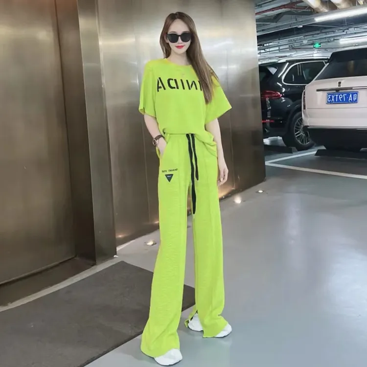潮牌欧货时尚运动套装女夏新款宽松显瘦字母印花短袖阔腿裤两件套