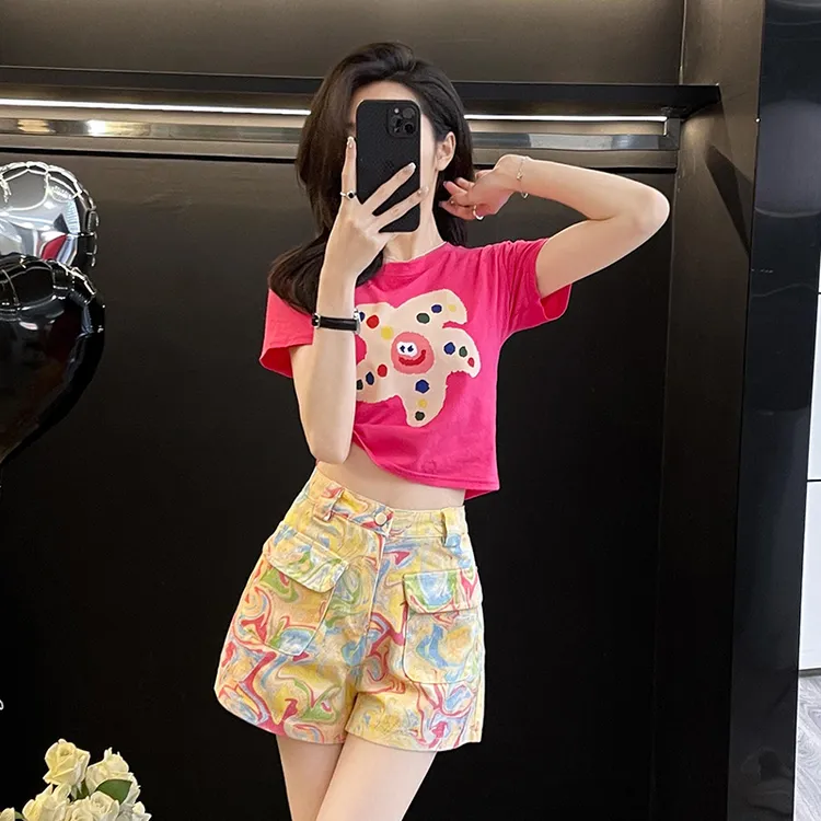 2025夏季新款女装时尚韩版彩色青春减龄短裤短袖T恤多巴胺套装穿