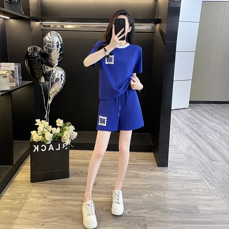 夏季新款蓝色时尚休闲运动套装女宽松显瘦减龄松紧腰短裤T恤潮