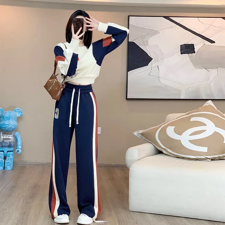 秋冬新款网红时尚休闲运动套装女设计感撞色长袖阔腿长裤两件套潮